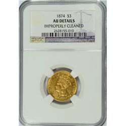 1874 $3 GOLD NGC AU DETAILS