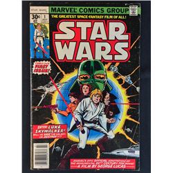 A MID-GRADE COPY OF STAR WARS #1 FROM 1977.  THIS ISSUE HAS BEEN IN VERY HIGH DEMAND LATELY BECAUSE