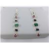 Image 1 : ONE PAIR OF 14KT YELLOW GOLD, RUBY & EMERALD DANGLING EARRINGS  BEZEL SET WITH 4 ROUND MIXED CUT