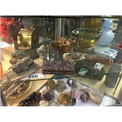 SHELF LOT OF COLLECTABLES: AMETHYST JEWELLERY BOX, PREHISTORIC VERTEBRAE, ASSORTED STONEWARE, ETC.