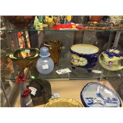 SHELF LOT OF COLLECTABLES: PORCELAIN VICTORIAN PLANTER, ART GLASS ETC.