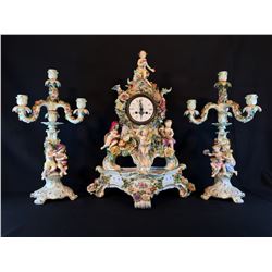 MID 19TH CENTURY MEISSEN CLOCK WITH MATCHING FIGURAL CANDELABRA'S AND BASE. THIS FANTASTIC