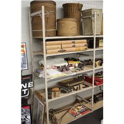 5 SHELVES OF ASSORTED ANTIQUES, LINENS BOOKS, TOOLS, TOYS, BASKETS, ETC.