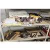 Image 3 : 5 SHELVES OF ASSORTED ANTIQUES, LINENS BOOKS, TOOLS, TOYS, BASKETS, ETC.