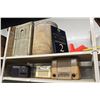 Image 2 : 5 SHELVES OF ASSORTED ANTIQUES RADIOS, TOOLS, TOYS, ETC.