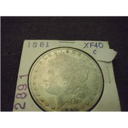 1881 MORGAN SILVER DOLLAR, AU-58
