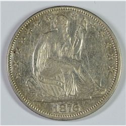 1876 SEATED LIBERTY HALF DOLLAR, AU-55