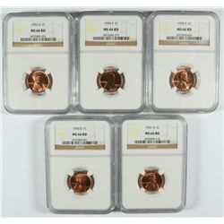 1950-D, 51-D, 52-D, 54-S, 55-S LINCOLN CENTS ALL NGC MS-66 RD