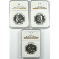 LOT OF ( 3 ) 1962 FRANKLIN HALF DOLLAR, NGC PROOF-66