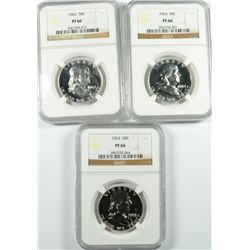 LOT OF ( 3 ) 1963 FRANKLIN HALF DOLLAR, NGC PROOF-66