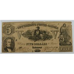 1861 $5 CONFEDERATE STATES OF AMERICA