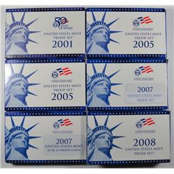 U.S. PROOF SETS: 2001 ( 2 ) 2005, ( 4 ) 2007 ( MISSING PRESIDENTIAL SET ) & 2008