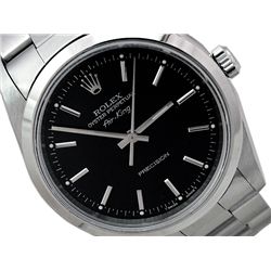 34MM Rolex Stainless Steel Oyster Perpetual Airking Watch. Black Dial. Stainless Steel Smooth Bezel.