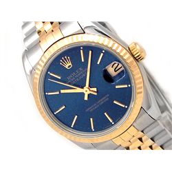 31mm Midsize Rolex 18k Gold & Stainless Steel Oyster Perpetual Datejust Watch. Blue Dial. 18K Yellow