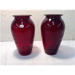 Pair of Vintage Ruby Glass Vases (9" high)