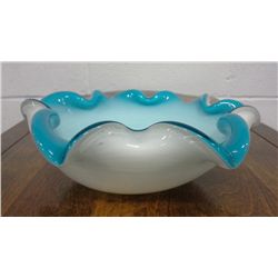 Hand Blown Blue/White Art Glass Bowl (8" diameter)