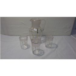 Antique Victorian Hand Decorated Blown Glass Pitcher and 3 Glasses (pitcher 9" high, glasses 4" high