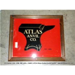 FRAMED REVERSE PAINTED GLASS ADVERTISEMENT, ATLAS ANVILS
