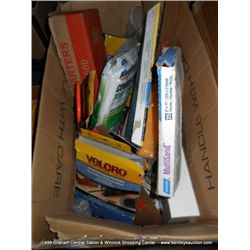 BOX: ASSORTED HARDWARE, SAND PAPER & SPONGES