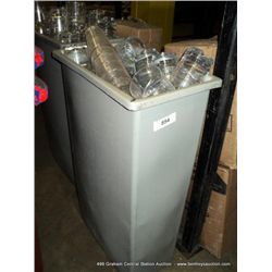 GRAY PLASTIC TRASHCAN W/ ASSORTED BAR GLASSES