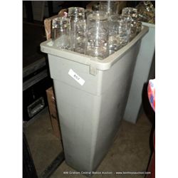 GRAY PLASTIC TRASHCAN W/ ASSORTED BAR GLASSES