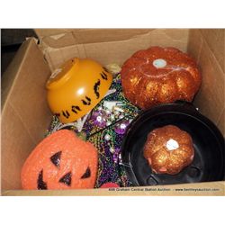 BOX: MARDI GRAS BEADS & ASSORTED HALLOWEEN DECORATIONS