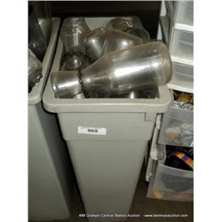 GRAY PLASTIC TRASHCAN W/ PITCHER OR WINE GLASSES