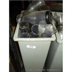GRAY PLASTIC TRASHCAN W/ PITCHER OR WINE GLASSES