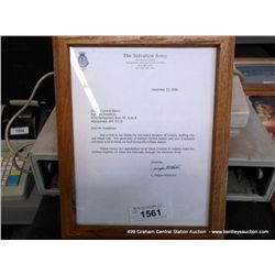 FRAMED THANK YOU LETTER FROM SALVATION ARMY