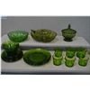 Image 1 : Selection of vintage bottle green glassware including embossed and lidded candy dish, grape motif bo