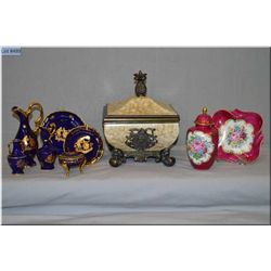 Selection of Limoges miniatures including cobalt blue pitchers etc and etched gold small ginger jar 