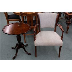 Mid 20th century open arm parlour chair and a pie crust center pedestal occasional table