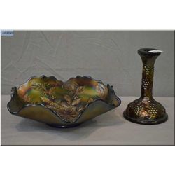 Two pieces of vintage carnival including a leaf motif bowl 9  across and a leaf motif candlestick