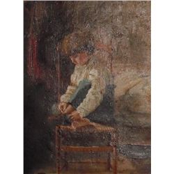 Child Tying antique oild painting by Joachin Burcheron Lariviere
