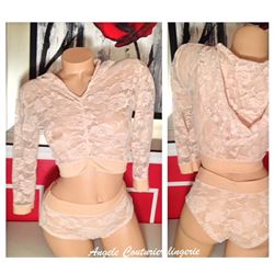 Angele Couturier original unique creation of two piece nude lace boy shorts and hoodie top