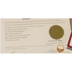 3 Pink quartz + 2 diamonds new beautiful  silver 14 kt yellow gold ring