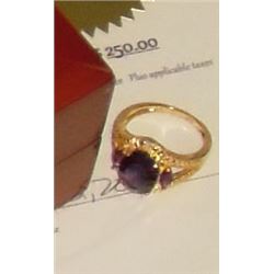 3 amethysts quartz gemstones & 2 diamonds new beautiful  silver 14 kt yellow gold ring