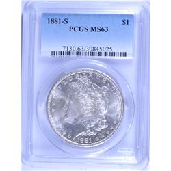 1881-S MORGAN SILVER DOLLAR, PCGS MS-63  NICE COIN