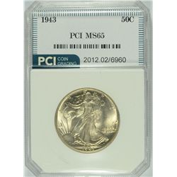 1943 WALKING LIBERTY HALF DOLLAR, PCI MS-65  GEM WHITE!