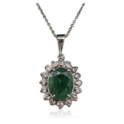 14KT White Gold 3.00ct Emerald and Diamond Pendant With Chain