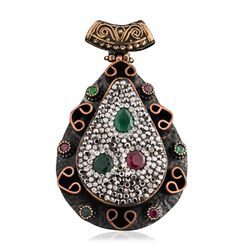 Silver and Gold 1.57ctw Ruby, Green Crystal, Emerald and Cubic Zirconia Pendant