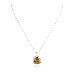 14KT White Gold 5.01ct Citrine Quartz and Diamond Pendant With Chain