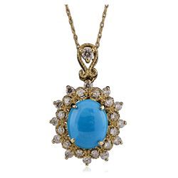 14KT Yellow Gold 3.10ct Turquoise and Diamond Pendant With Chain