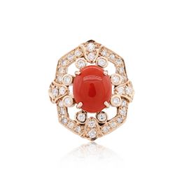 14KT Rose Gold 3.17ct Coral and Diamond Ring