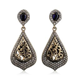 Silver and Gold 0.90ctw Blue Crystal and Cubic Zirconia Earrings