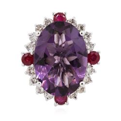 14KT White Gold 9.01ct Amethyst, Ruby and Diamond Ring