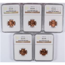 LOT OF ( 5 ) 1952-D LINCOLN CENTS, NGC MS-66 RED