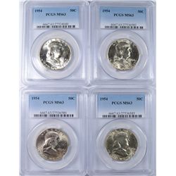 LOT OF ( 4 ) 1954 FRANKLIN HALF DOLLAR, PCGS MS-63