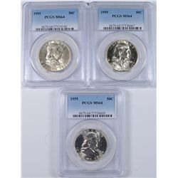 LOT OF ( 3 ) 1955 FRANKLIN HALF DOLLARS,  PCGS MS-64