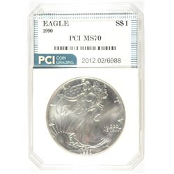 1990 AMERICAN SILVER EAGLE, PCI MS-70  RARE PERFECT!  TRENDS PRICE $500.00